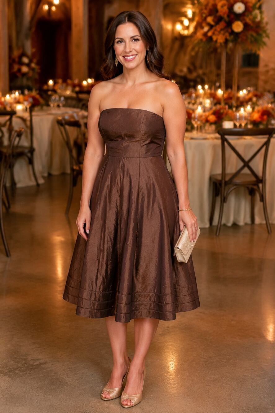 Bill Levkoff Size 12 Brown Strapless Tea Length Formal Bridesmaid Dress